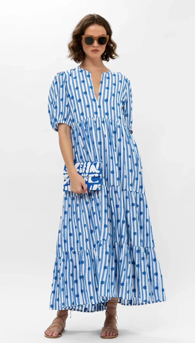 OLIPHANT Tuckernuck Puff Sleeve Maxi Midi Dress Capri Blue Floral Embroidered XS